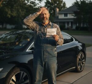 A frustrated US driver looking at an expensive car insurance bill next to an electric car