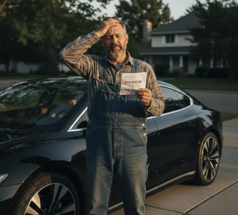 A frustrated US driver looking at an expensive car insurance bill next to an electric car