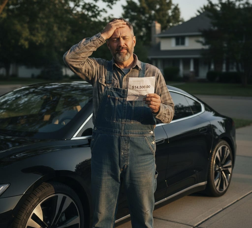 A frustrated US driver looking at an expensive car insurance bill next to an electric car